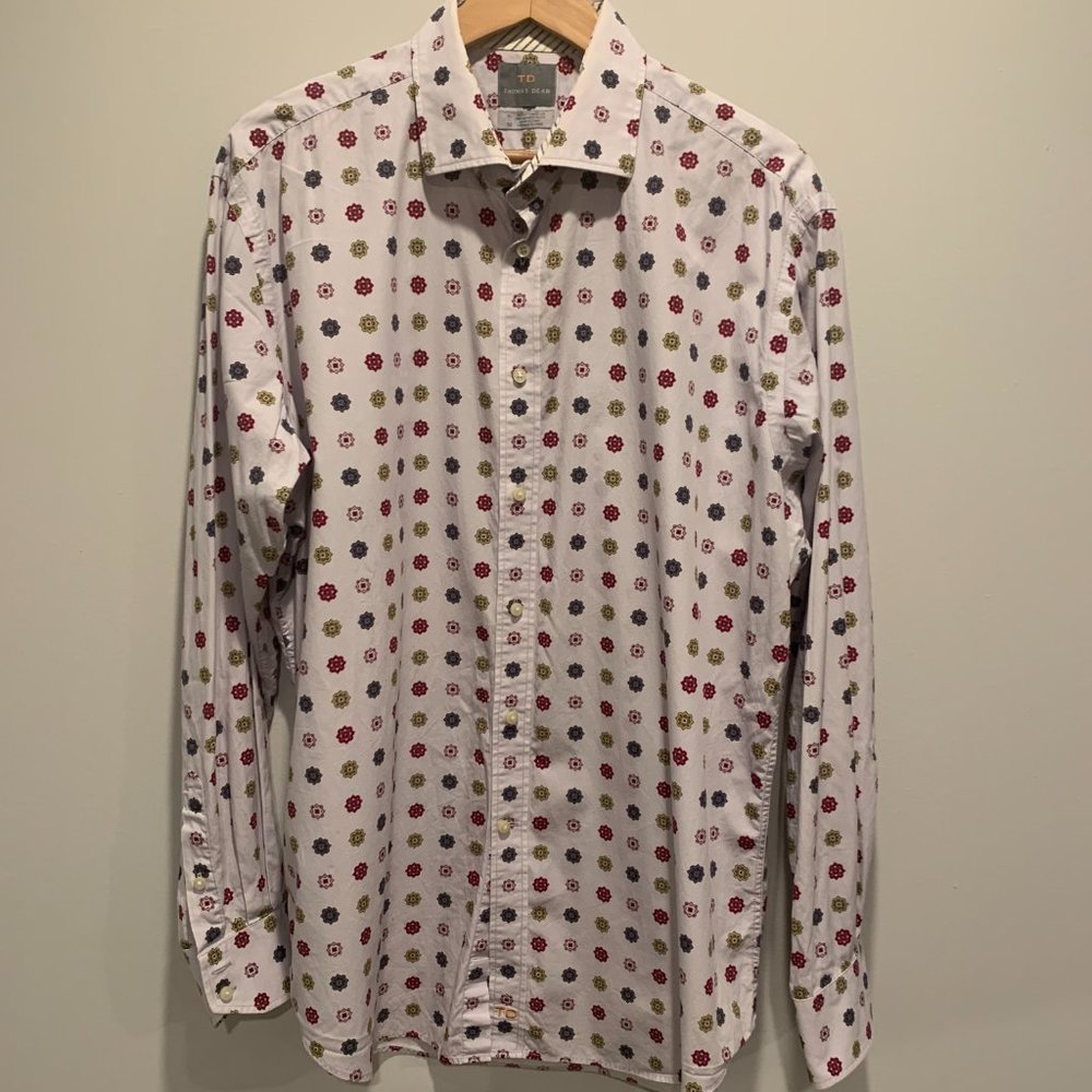 Men's Geometric Pattern Long Sleeve Button Up Shirt, Thomas Dean XL